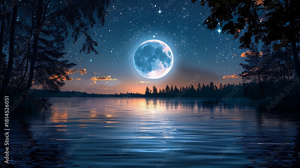Naklejka premium Magical moonlit night over tranquil lake with starry sky