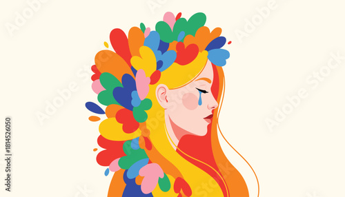 Vector artwork of expressive human colorful  art surrounded by vibrant floral and leaf-inspired elements