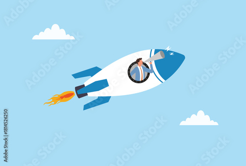 Vector illustration of a businessman looking through a telescope from a flying rocket, symbolizing vision, future planning, and bold forward momentum
