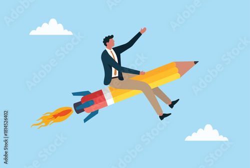 Vector illustration of a businessman riding a rocket powered pencil through the sky, symbolizing creativity, forward thinking, and accelerating ideas into impactful action
