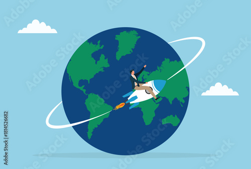Vector illustration of a businessman riding a rocket around the globe, symbolizing global ambition, rapid growth, and the drive to achieve worldwide success
