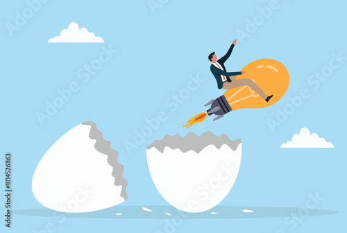 Vector illustration of a businessman riding a rocket powered lightbulb emerging from a broken egg, symbolizing new beginnings, creative ideas, innovation, and breakthrough success