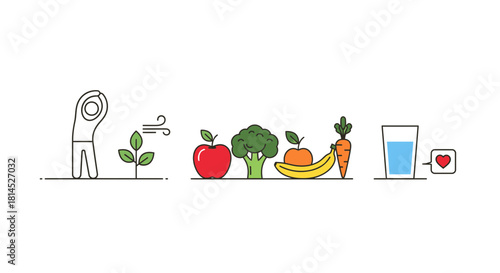 Embrace wellness with healthy habits including exercise, fresh fruits, vegetables, and plenty of hydrating water for a vibrant and balanced lifestyle