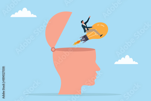 Vector illustration of a businessman riding a rocket powered lightbulb emerging from an open head, symbolizing creative thinking, innovative ideas, imagination, and breakthrough inspiration
