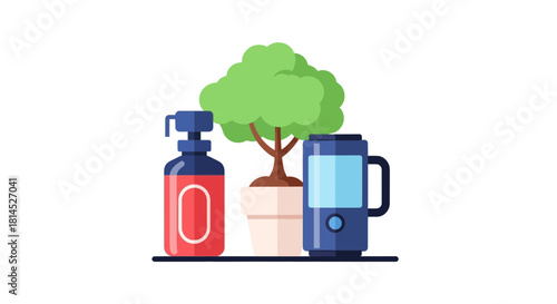 Home essentials scene featuring a hand soap dispenser, indoor plant, and electric kettle, perfect for lifestyle, home decor and product mockups