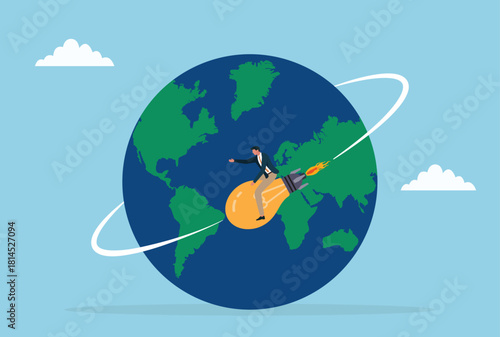 Vector illustration of a businessman riding a rocket powered light bulb around the world, symbolizing global innovation, ambitious ideas, creative growth, and worldwide business success
