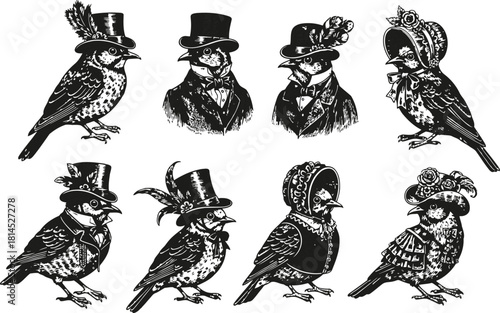 Set of eight bird silhouettes adorned with diverse vintage style headwear on black background