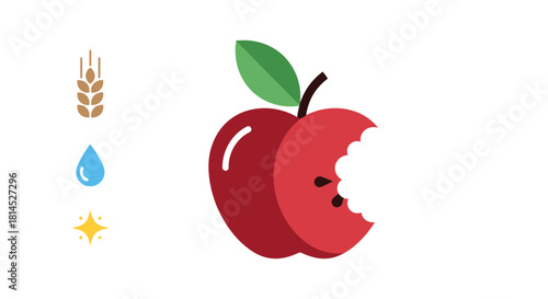 Enjoy Vibrant Goodness: Bitten Red Apple with Wheat, Water, and Sparkle Icons Symbolizing Freshness, Health, and Natural Elements in a Flat Design