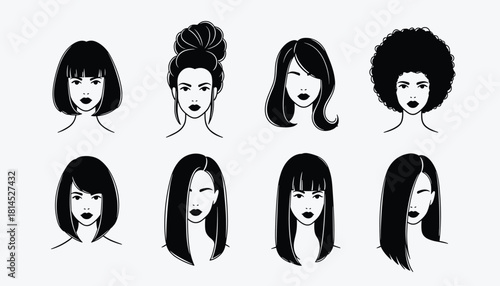 Female hairstyle vector illustration featuring eight diverse black-and-white head silhouettes