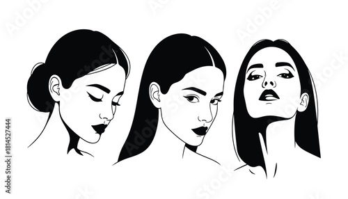 Stylized female portrait vector illustration with expressive head tilts and varied hairstyles in black and white