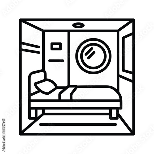 Line art illustration of a cruise ship cabin with a bed and porthole isolated on