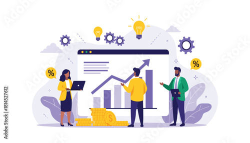 Financial analysis vector illustration with professionals reviewing growth chart and business icons