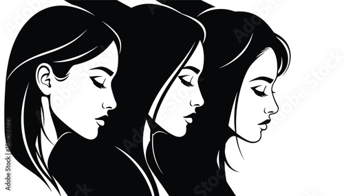 Elegant female profile vector illustration with overlapping silhouettes in high-contrast black and white