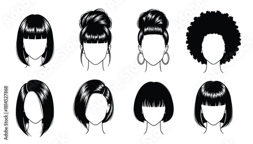 Female hairstyle vector illustration featuring eight diverse black-and-white hair designs on faceless heads