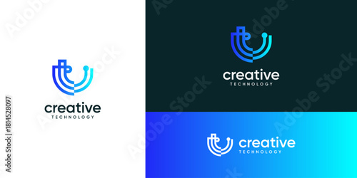 Minimalist letter U digital data logo design ideas. Vector of technology network connection system icons symbols.