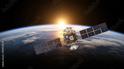 Satellite orbiting the earth with the sun rising over the horizon in the background