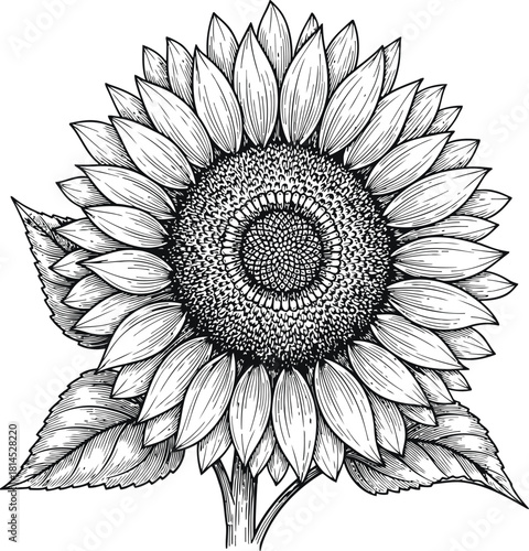 Sunflower silhouette with leaves in a botanical style isolated on a dark background