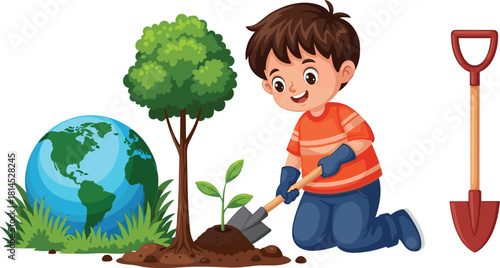 Cute cartoon boy planting a young tree sapling with a shovel, Earth globe in grass, environmental protection concept, Arbor Day vector illustration isolated