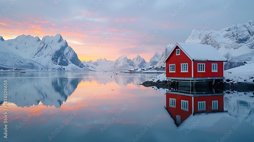 Fototapeta premium Vibrant red cabin reflects in calm winter waters under a pastel sky