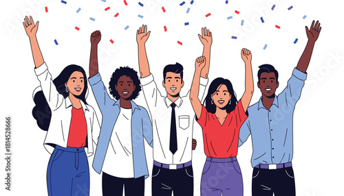 Celebration vector illustration with five diverse individuals raising arms and confetti falling in unity