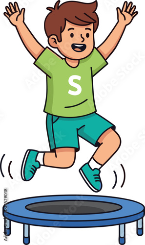 Happy little boy jumping high on a blue trampoline, energetic kid bouncing with joy, active lifestyle and playing concept, cartoon vector illustration isolated on white background