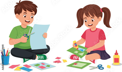 Happy little kids doing arts and crafts, boy cutting paper with scissors, girl gluing shapes, creative school project, vector illustration isolated on white background