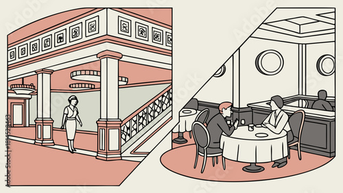 Colorful vector of city street showing past and present divided visually, friends dining together bridging generational thoughts