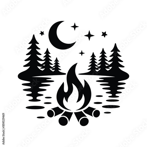 Campfire in forest at night with moon vector illustration