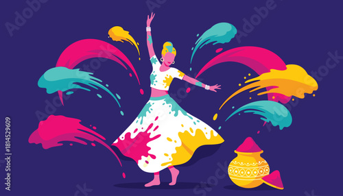 Vector artwork of Indian festival Holi featuring joyful dancer and cone-shaped color pile