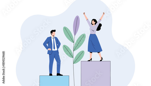 Professional achievement vector illustration with two individuals on platforms and celebratory gestures