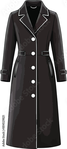 Elegant black trench coat with white trim on a clean white background view