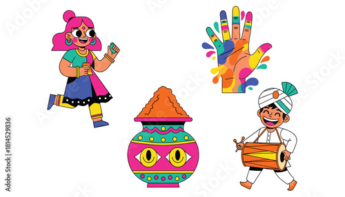 Holi celebration vector illustration with joyful characters, colorful powder, and festive cultural elements