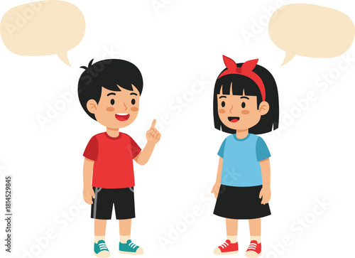 Two cute cartoon kids, boy and girl, talking with empty speech bubbles, children conversation and communication concept, vector illustration isolated on white background