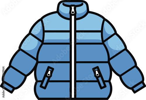 Isolated light blue winter puffer jacket with zipper on a white background
