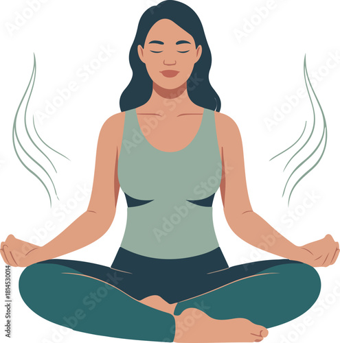 Woman meditating in a yoga pose vector illustration with serene expression and flowing lines