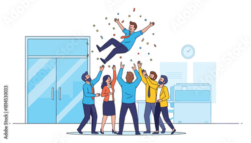 Vector artwork of business success featuring joyful group lifting teammate in office environment