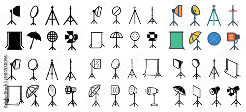 Various photography lighting equipment icons collection