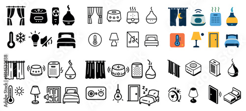 Home comfort icons set for bedroom and climate control