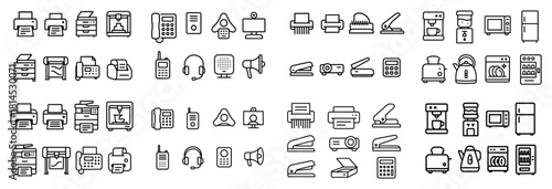 Minimalist office and kitchen appliance icons set