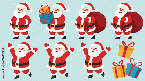 Cartoon Santa Claus set with festive poses and gift boxes, cheerful Christmas illustrations for holiday design, decoration, and celebration