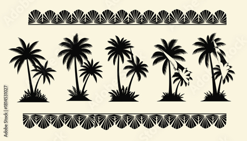 Vector artwork of beach-themed decorative layout featuring black palm trees and stylized shell motifs