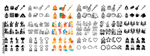 Camping icons collection in black and color