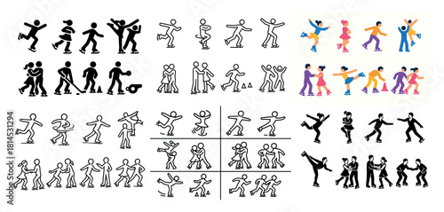 Stick figures engaged in various activities