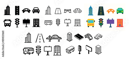Urban transport and city icons collection