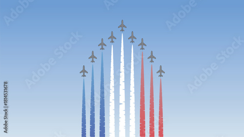 Patrouille de France Jet Aerobatics Display Flying in Formation with Blue, White, and Red Smoke Against a Clear Blue Sky