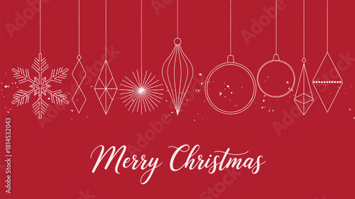 Merry Christmas Elegant Modern Horizontal Banner with White Line Art Hanging Ornaments and Snowflake on Deep Red Background