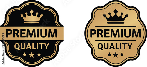 Black and Gold Premium Quality Badge Set with Crown Icon and Three Stars for Luxury Product Branding and Guaranteed Excellence Seal