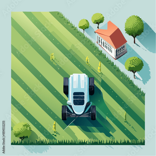 Automated mower working on lawn near house