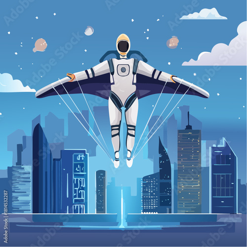 Astronaut wingsuit flying over futuristic city
