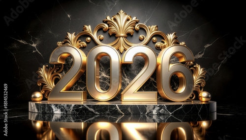 gold NEW YEAR banner with huge 3D percentage numbers 2026 new year floating geometric 